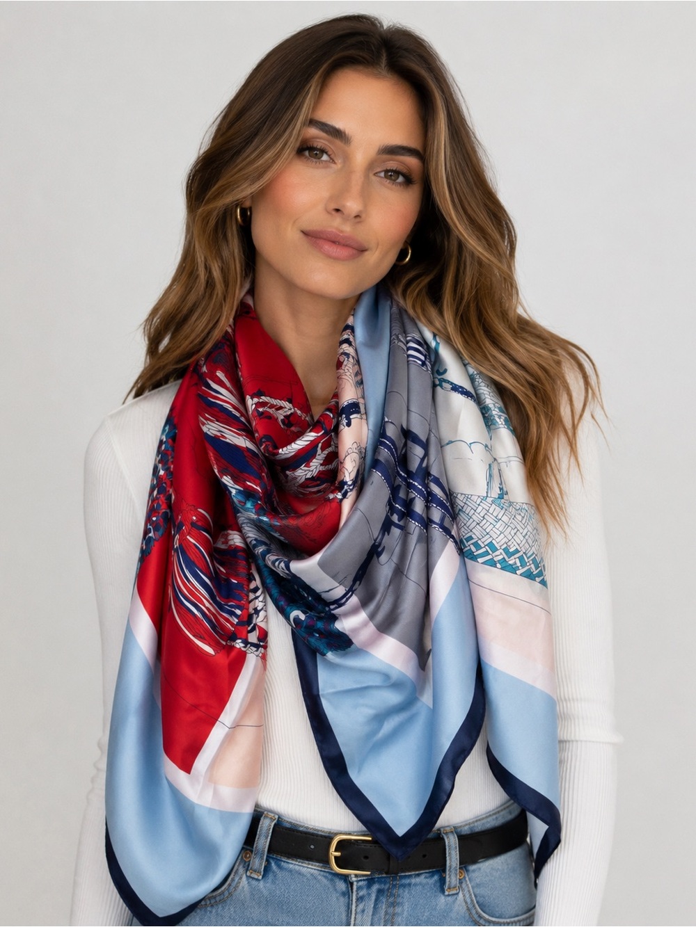 100% silk Multicolor Women's Scarf - Red & Light Blue